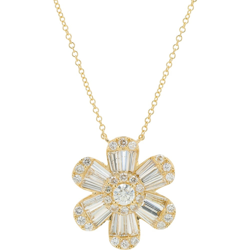 14K Yellow Gold Floral Pendant with Halo-Set Round and Baguette Diamonds - 1.25 Carat Total Diamond Weight