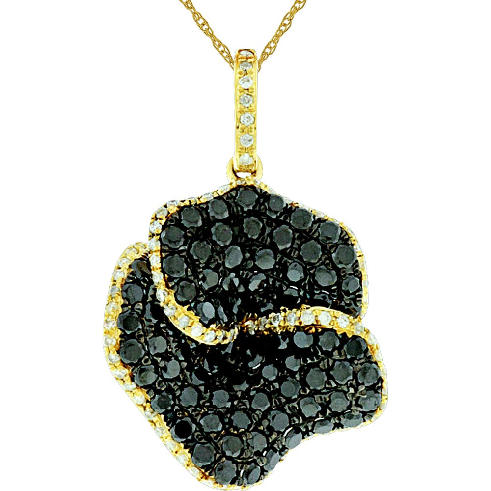 14K Yellow Gold Floral Pendant with Pavé-Set Round Black and White Diamonds - 1.60 Carat Black Diamond and 0.25 Carat White Diamond Total Weight - Royal Jewelry