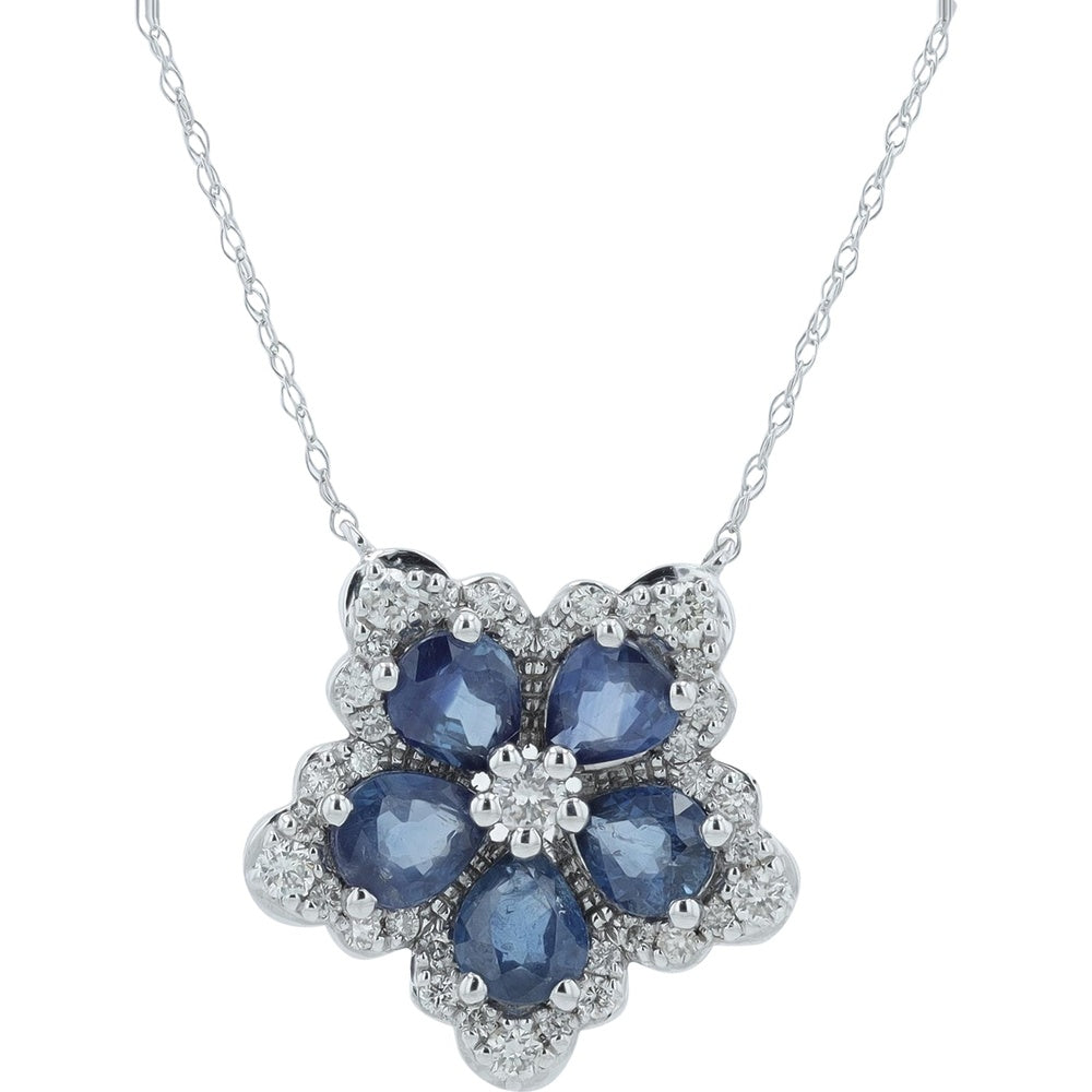 14K Yellow Gold Floral Pendant with Pear-Cut Sapphires and Pavé Diamond Halo - 1.75 Carat Total Sapphire Weight and 0.75 Carat Total Diamond Weight