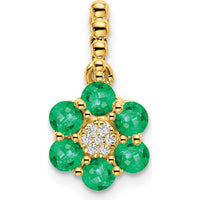 14K Yellow Gold Floral Pendant with Round Emeralds and Diamonds - 0.0916 Carat Emerald, 0.004 Carat Diamond Total Weight by Lumare Gioia