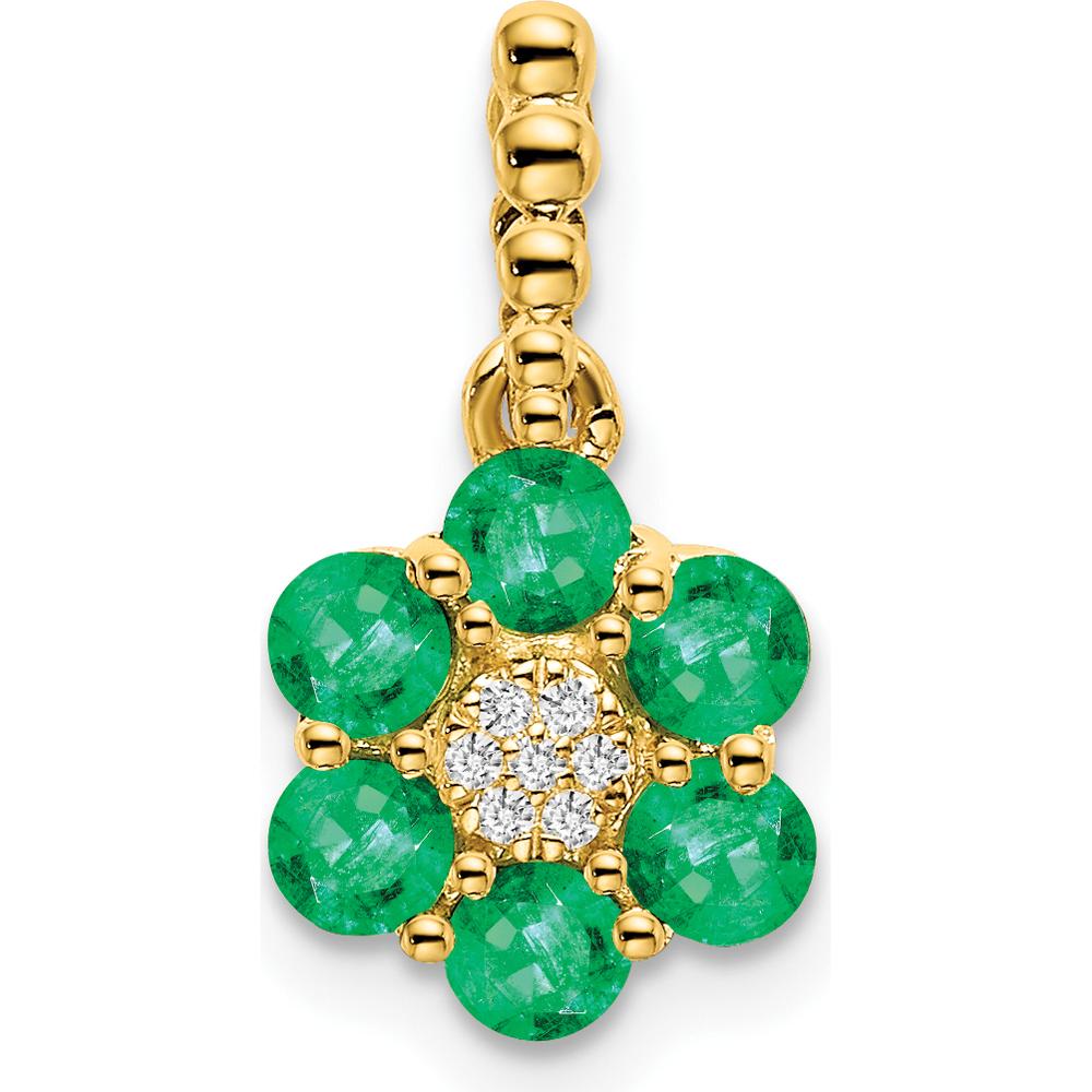 14K Yellow Gold Floral Pendant with Round Emeralds and Diamonds - 0.0916 Carat Emerald, 0.004 Carat Diamond Total Weight by Lumare Gioia