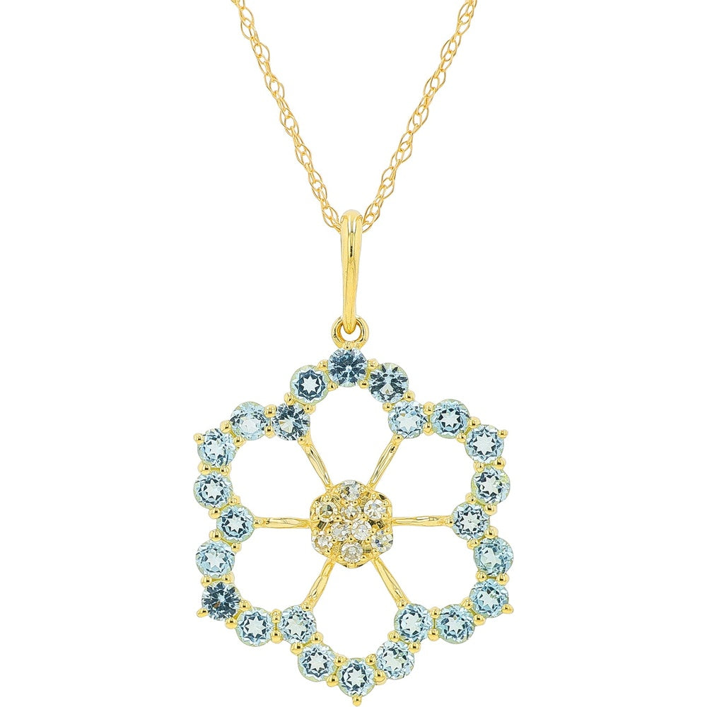 14K Yellow Gold Floral Pendant with Sky Blue Topaz and Diamond Cluster Center - 1.25 Carat Total Gemstone Weight and 0.06 Carat Diamond Weight