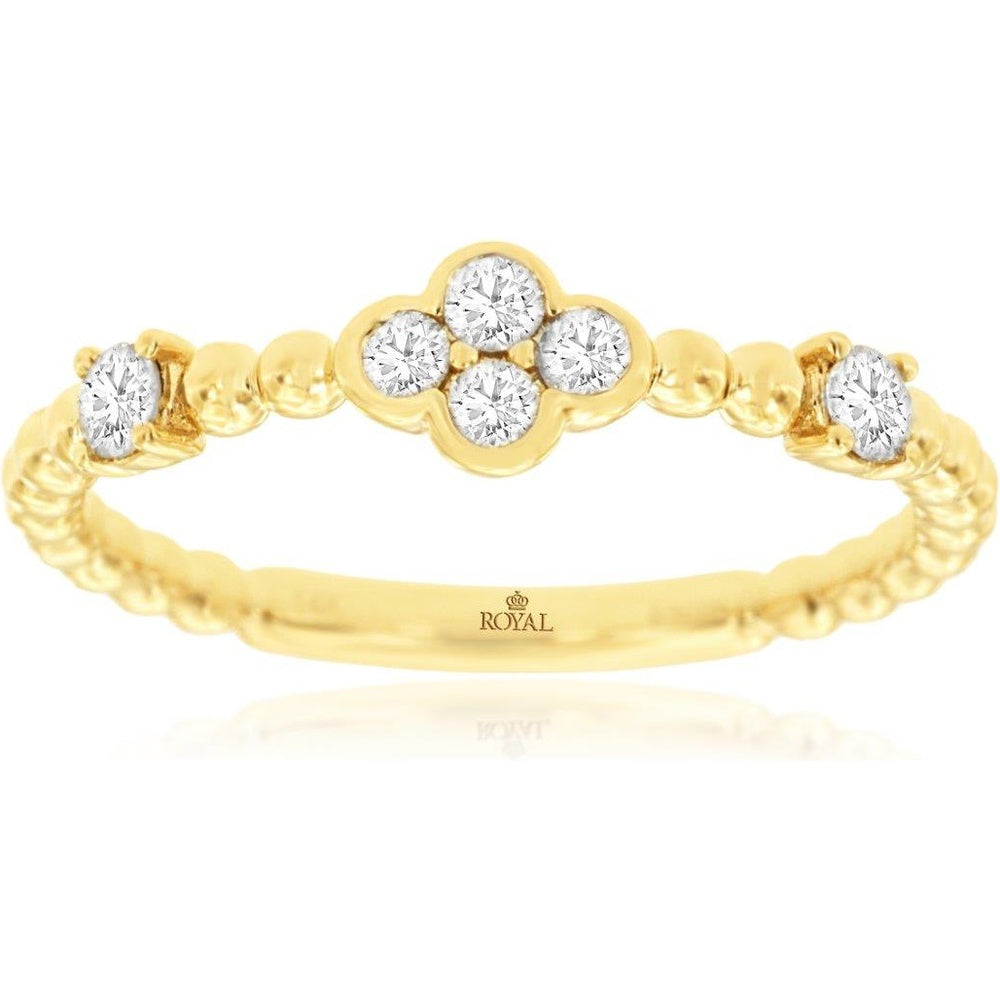 14K Yellow Gold Floral Quatrefoil Diamond Band with Beaded Milgrain Edge - 0.25 Carat Total Diamond Weight - Royal Jewelry