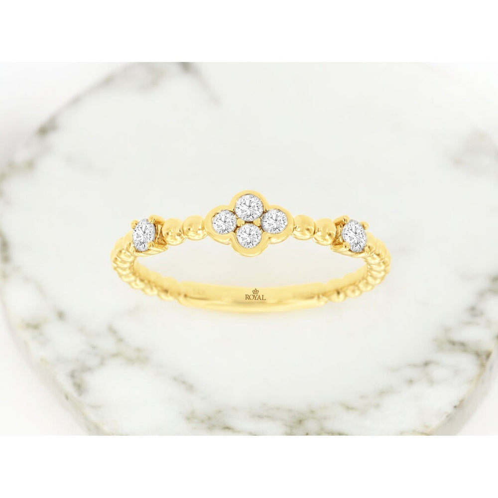 14K Yellow Gold Floral Quatrefoil Diamond Band with Beaded Milgrain Edge - 0.25 Carat Total Diamond Weight - Royal Jewelry
