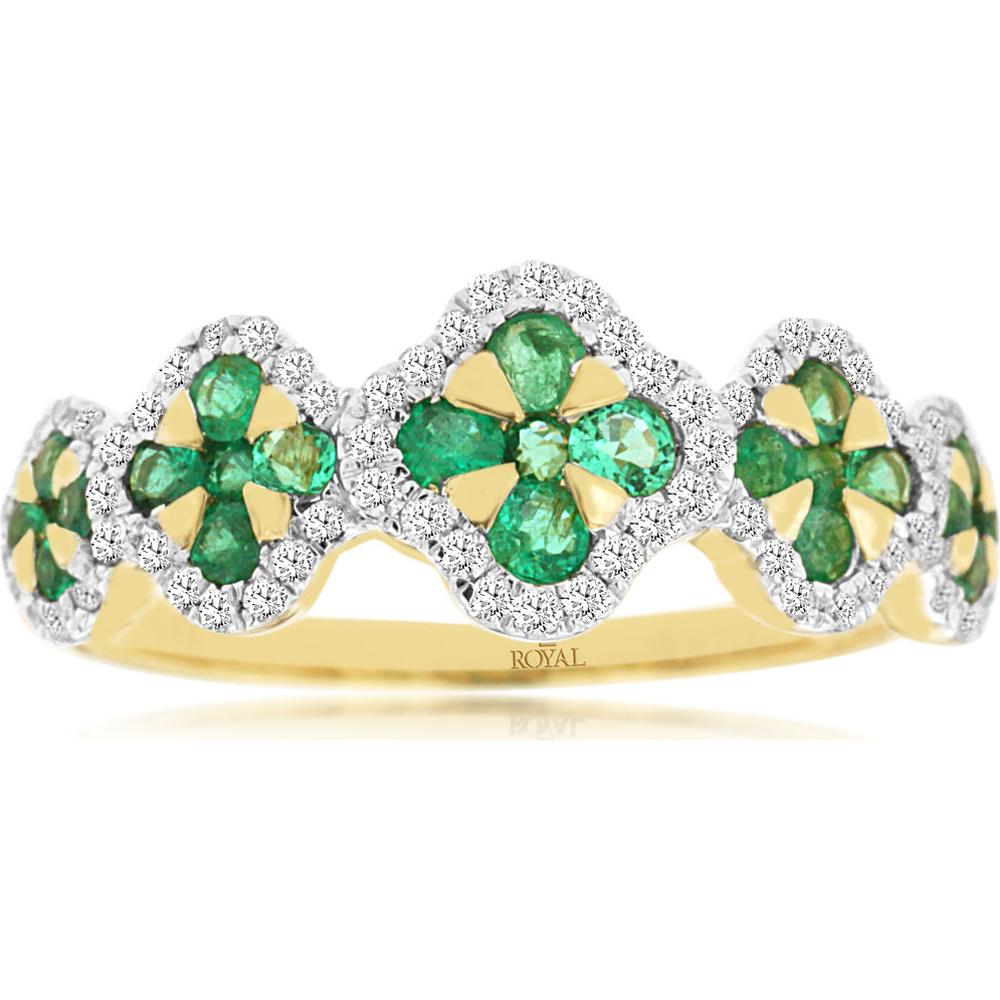14K Yellow Gold Floral Quatrefoil Ring with 0.50 Carat Pear-Cut Emeralds and 0.22 Carat Diamond Halo - Royal Jewelry