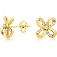 14K Yellow Gold Floral Ribbon Stud Earrings with Round Diamonds - 0.20 Carat Total Diamond Weight - Royal Jewelry