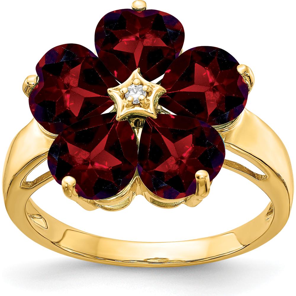 14K Yellow Gold Floral Ring with 6mm Heart Garnets and 0.01 Carat Round Diamond Accent by Monteluci Fine Jewelry