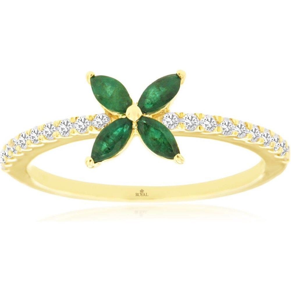 14K Yellow Gold Floral Ring with Marquise-Cut Emeralds and Round Diamond Accents - 0.35 Carat Total Emerald Weight and 0.20 Carat Total Diamond Weight - Royal Jewelry