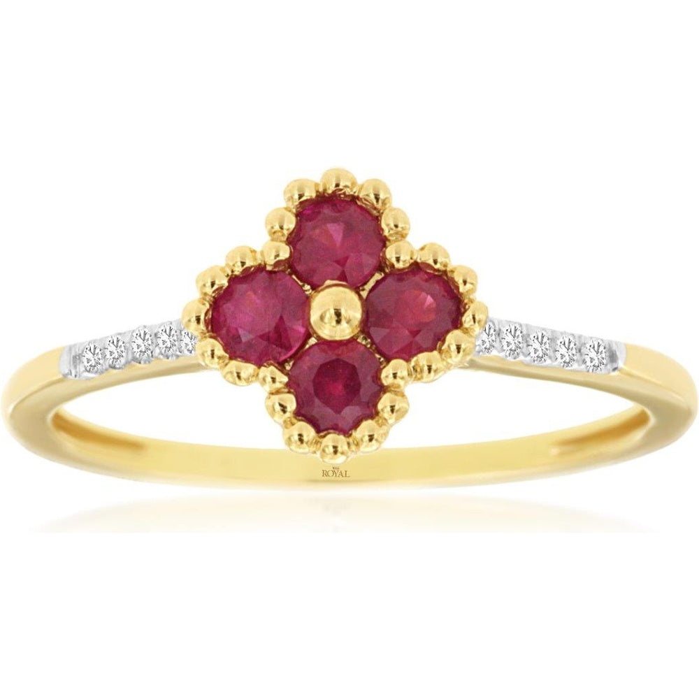 14K Yellow Gold Floral Ring with Milgrain Detail and Round Rubies - 0.55 Carat Total Ruby Weight with Diamond Accents - Royal Jewelry