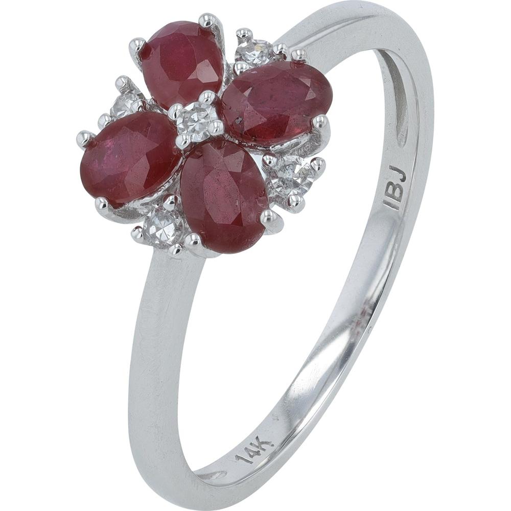 14K Yellow Gold Floral Ring with Oval-Cut Rubies and Round Diamonds - 0.14 Carats Total Diamond Weight