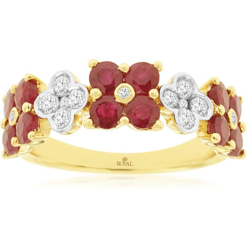 14K Yellow Gold Floral Ring with Oval Rubies and Round Diamond Accents - 2.12 Carat Ruby Total Weight and 0.38 Carat Diamond Total Weight - Royal Jewelry