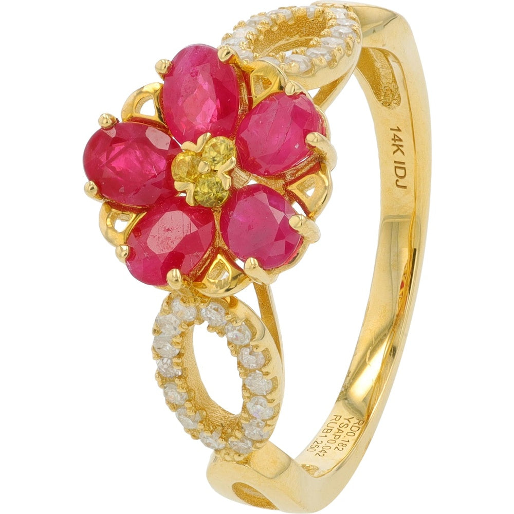 14K Yellow Gold Floral Ring with Oval Rubies and Yellow Sapphire Center - 1.30 Carat Total Ruby Weight