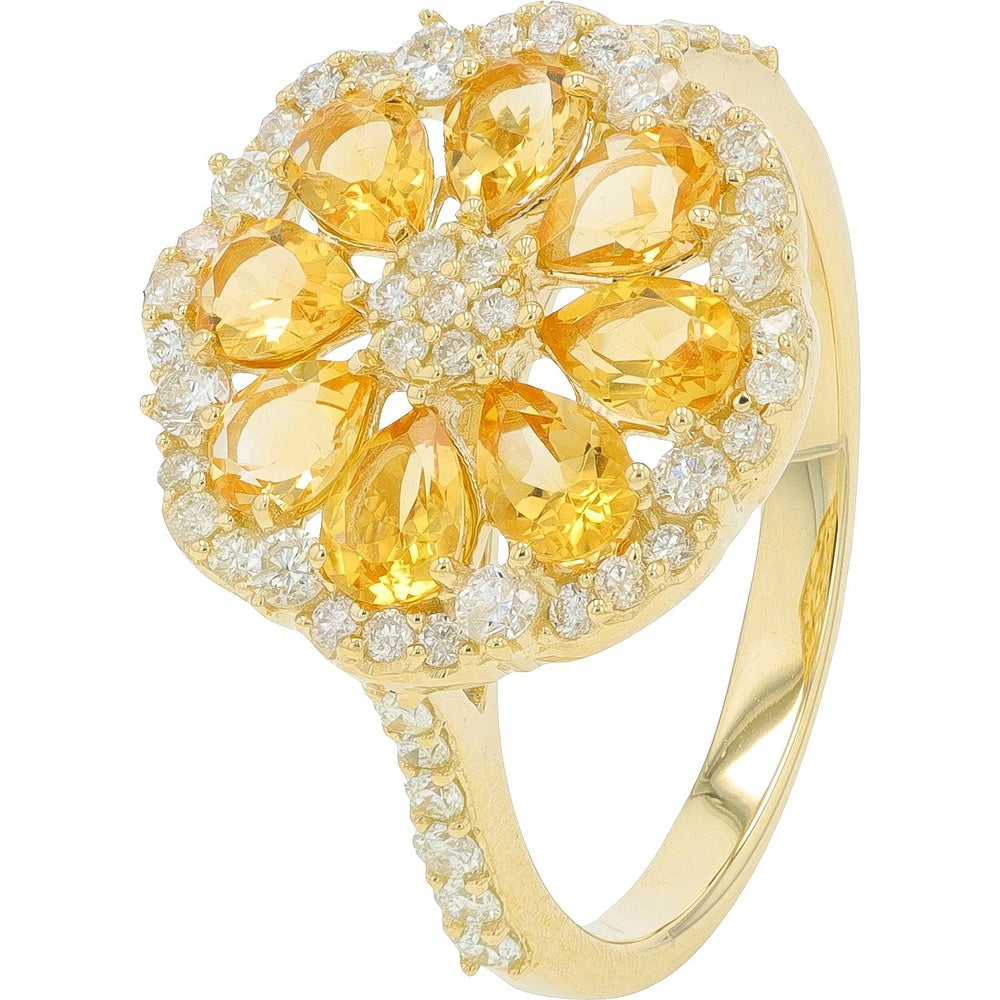 14K Yellow Gold Floral Ring with Pear-Cut Citrine and Diamond Cluster Halo - 1.05 Carat Total Citrine Weight and 0.50 Carat Total Diamond Weight