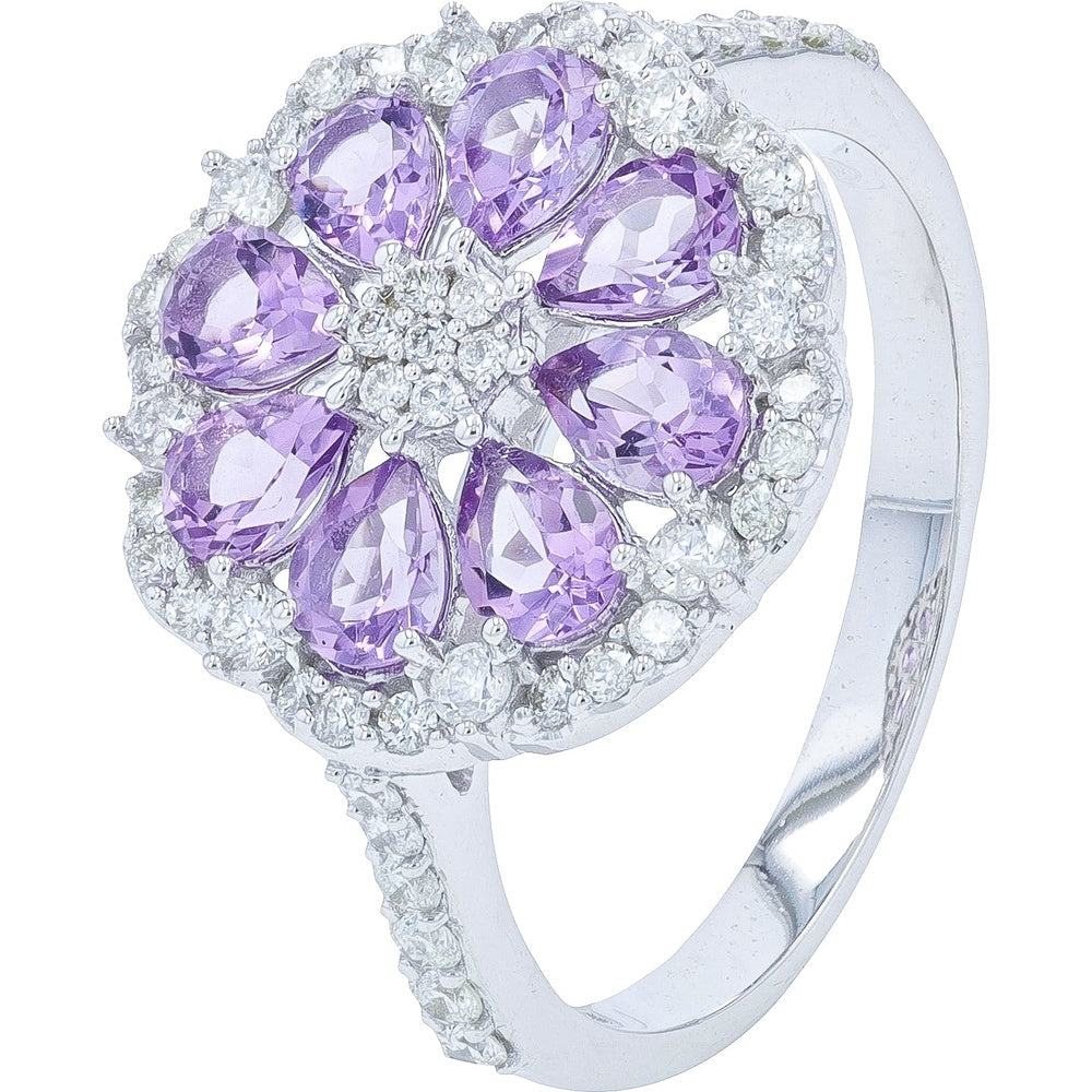 14K Yellow Gold Floral Ring with Pear-Shaped Amethysts and Diamond Halo - 1.05 Carat Total Amethyst Weight and 0.50 Carat Total Diamond Weight