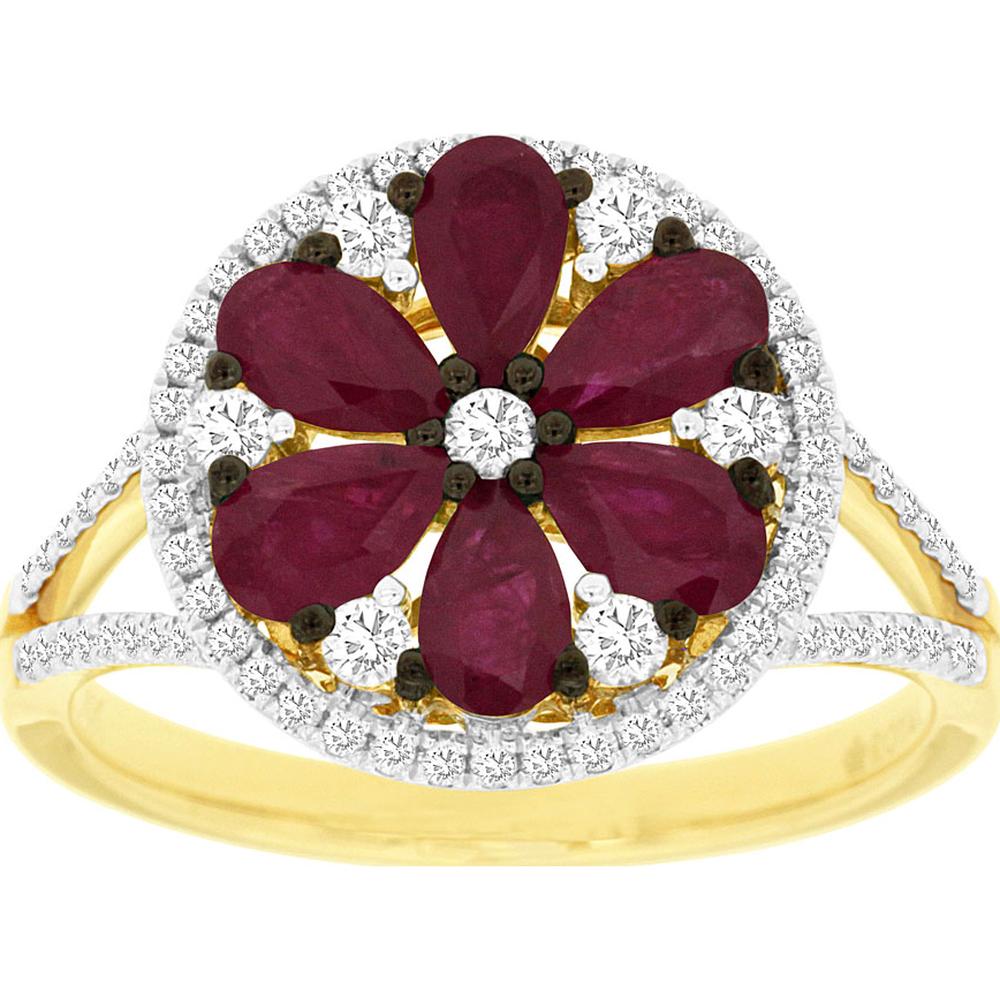 14K Yellow Gold Floral Ring with Pear-Shaped Rubies and Diamond Halo & Split Shank - 1.47 Carat Ruby & 0.48 Carat Diamond Total Weight - Royal Jewelry