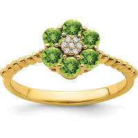 14K Yellow Gold Floral Ring with Round Peridot and Diamond Accents - 0.126 Carat Peridot, 0.004 Carat Diamond by 0