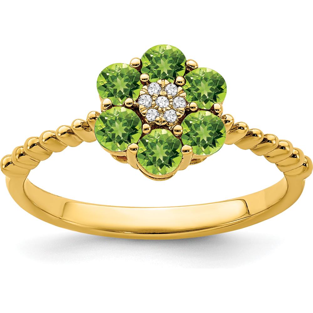 14K Yellow Gold Floral Ring with Round Peridot and Diamond Accents - 0.126 Carat Peridot, 0.004 Carat Diamond by 0