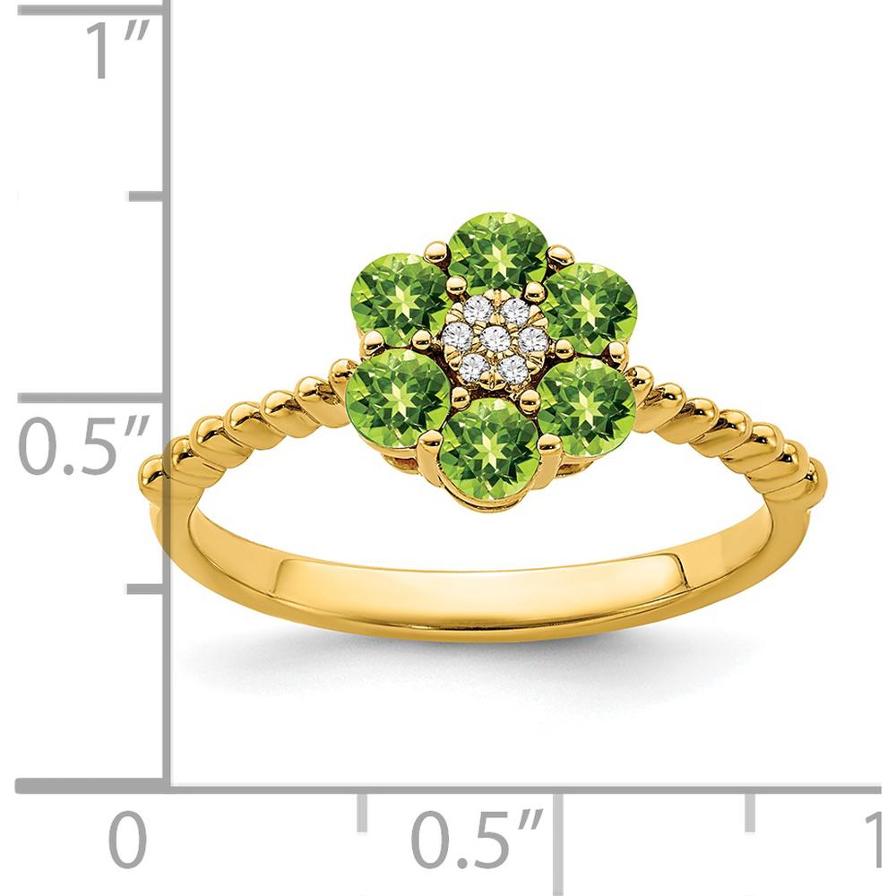 14K Yellow Gold Floral Ring with Round Peridot and Diamond Accents - 0.126 Carat Peridot, 0.004 Carat Diamond by 0