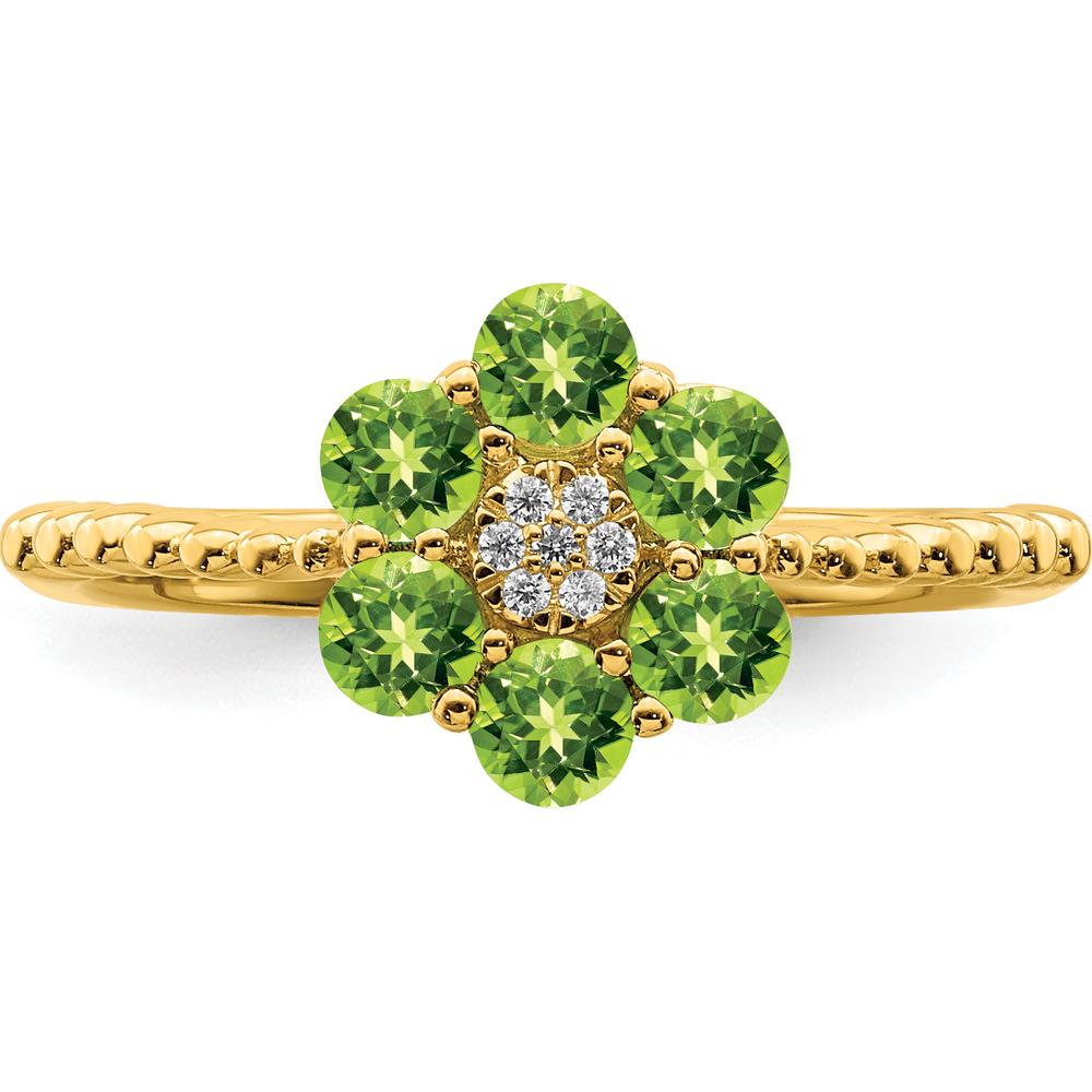 14K Yellow Gold Floral Ring with Round Peridot and Diamond Accents - 0.126 Carat Peridot, 0.004 Carat Diamond by 0