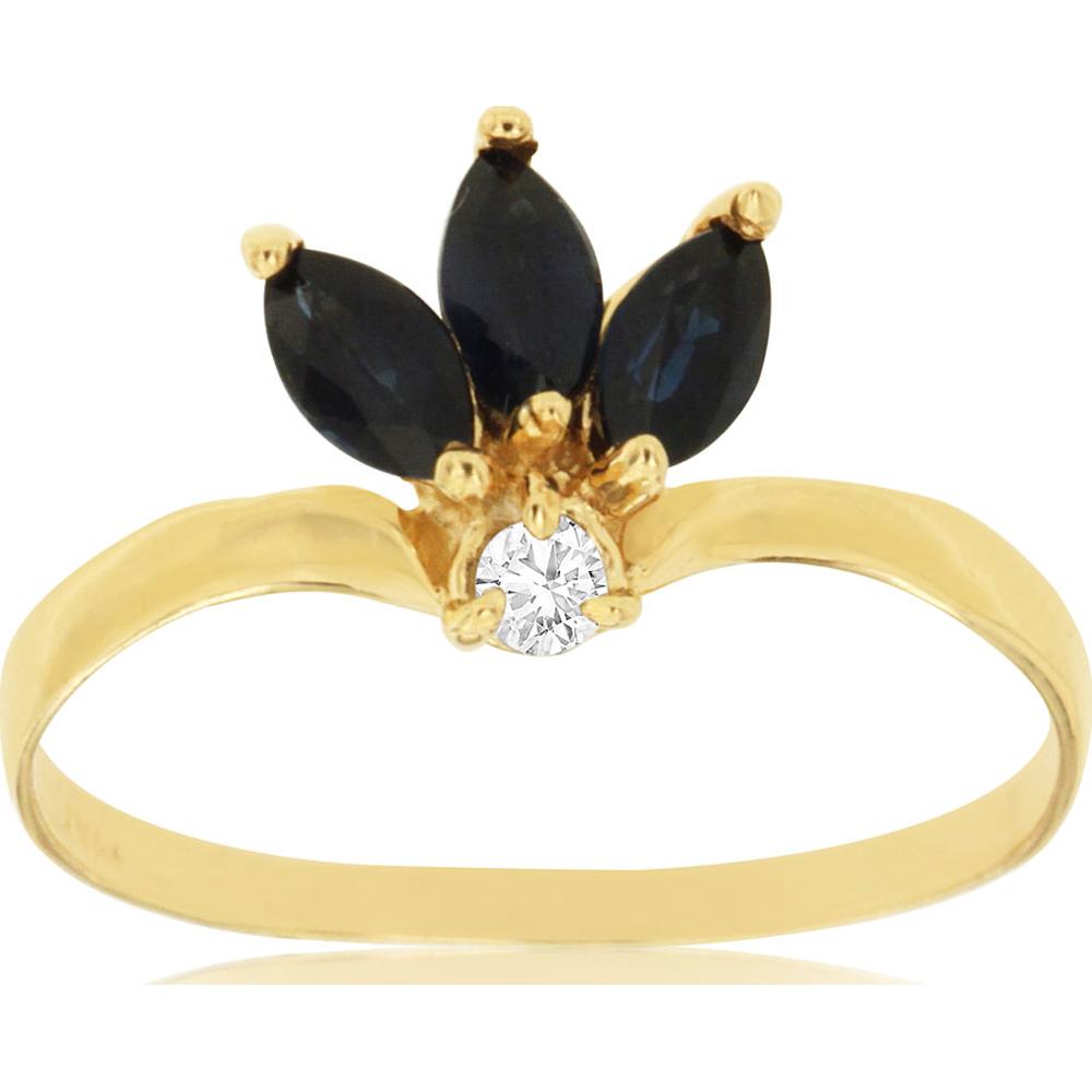14K Yellow Gold Floral Ring with Three Marquise-Cut Blue Gemstones and Round Diamond Accent – 0.05 Carat Total Diamond Weight - Royal Jewelry