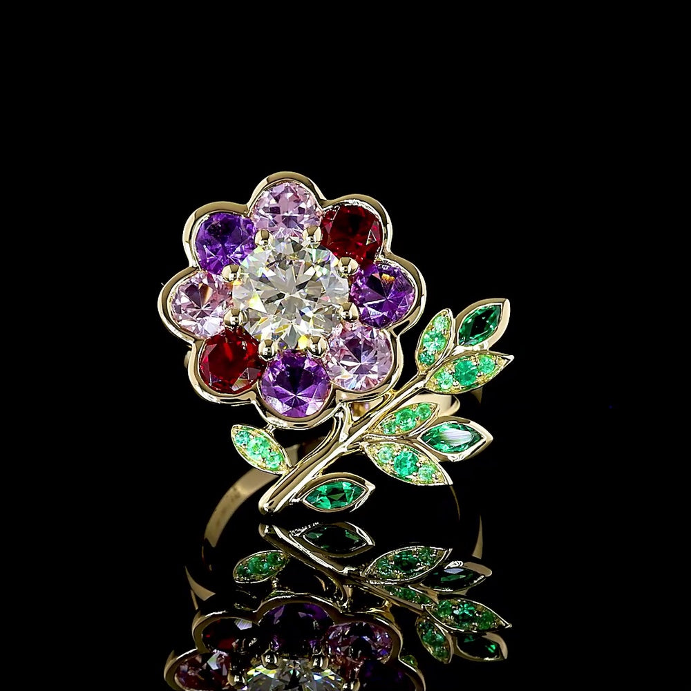 14K Yellow Gold Floral Special Ring with 1.50 Carat Round Brilliant Lab Diamond Center and Multi-Color Leaf Motif Gemstones - Covaloro Fine Jewelry
