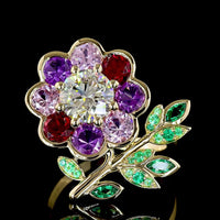14K Yellow Gold Floral Special Ring with 1.50 Carat Round Brilliant Lab Diamond Center and Multi-Color Leaf Motif Gemstones - Covaloro Fine Jewelry