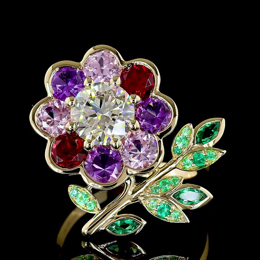 14K Yellow Gold Floral Special Ring with 1.50 Carat Round Brilliant Lab Diamond Center and Multi-Color Leaf Motif Gemstones - Covaloro Fine Jewelry
