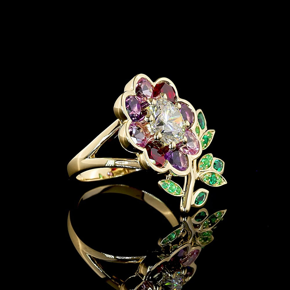14K Yellow Gold Floral Special Ring with 1.50 Carat Round Brilliant Lab Diamond Center and Multi-Color Leaf Motif Gemstones - Covaloro Fine Jewelry