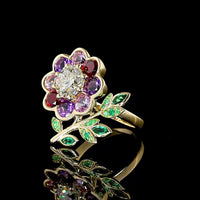 14K Yellow Gold Floral Special Ring with 1.50 Carat Round Brilliant Lab Diamond Center and Multi-Color Leaf Motif Gemstones - Covaloro Fine Jewelry