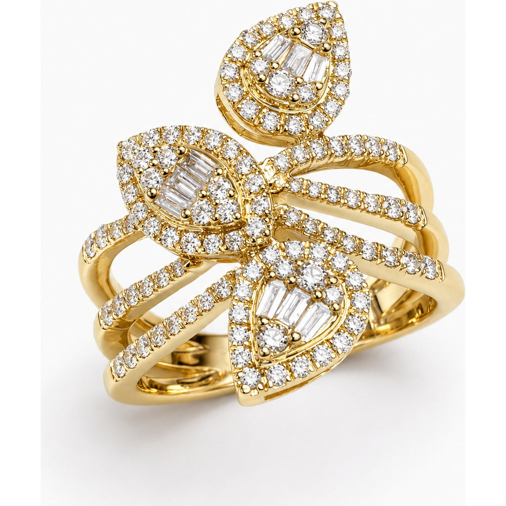 14K Yellow Gold Floral Statement Ring with Pear-Shaped Baguette and Round Diamond Clusters - 0.95 Carat Total Diamond Weight by Auriventus