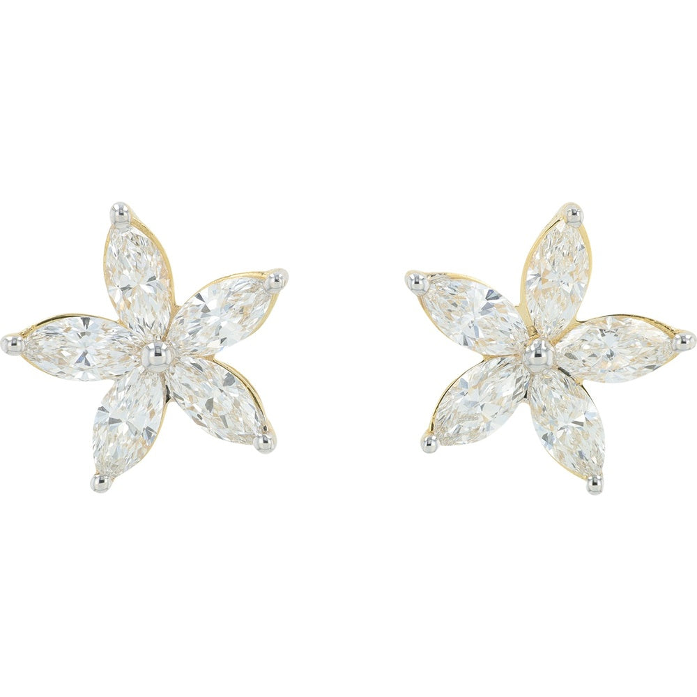 14K Yellow Gold Floral Stud Earrings with Marquise-Cut Lab Grown Diamonds - 2.50 Carat Total Diamond Weight
