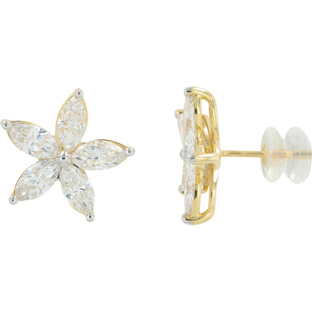 14K Yellow Gold Floral Stud Earrings with Marquise-Cut Lab Grown Diamonds - 2.50 Carat Total Diamond Weight