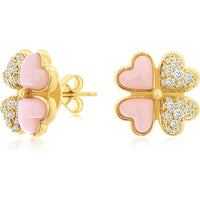 14K Yellow Gold Floral Stud Earrings with Pink Mother of Pearl Hearts and Pavé Set Round Diamonds - 0.45 Carat Total Diamond Weight - Royal Jewelry