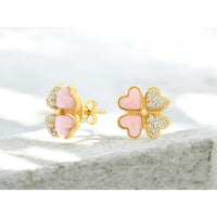 14K Yellow Gold Floral Stud Earrings with Pink Mother of Pearl Hearts and Pavé Set Round Diamonds - 0.45 Carat Total Diamond Weight - Royal Jewelry