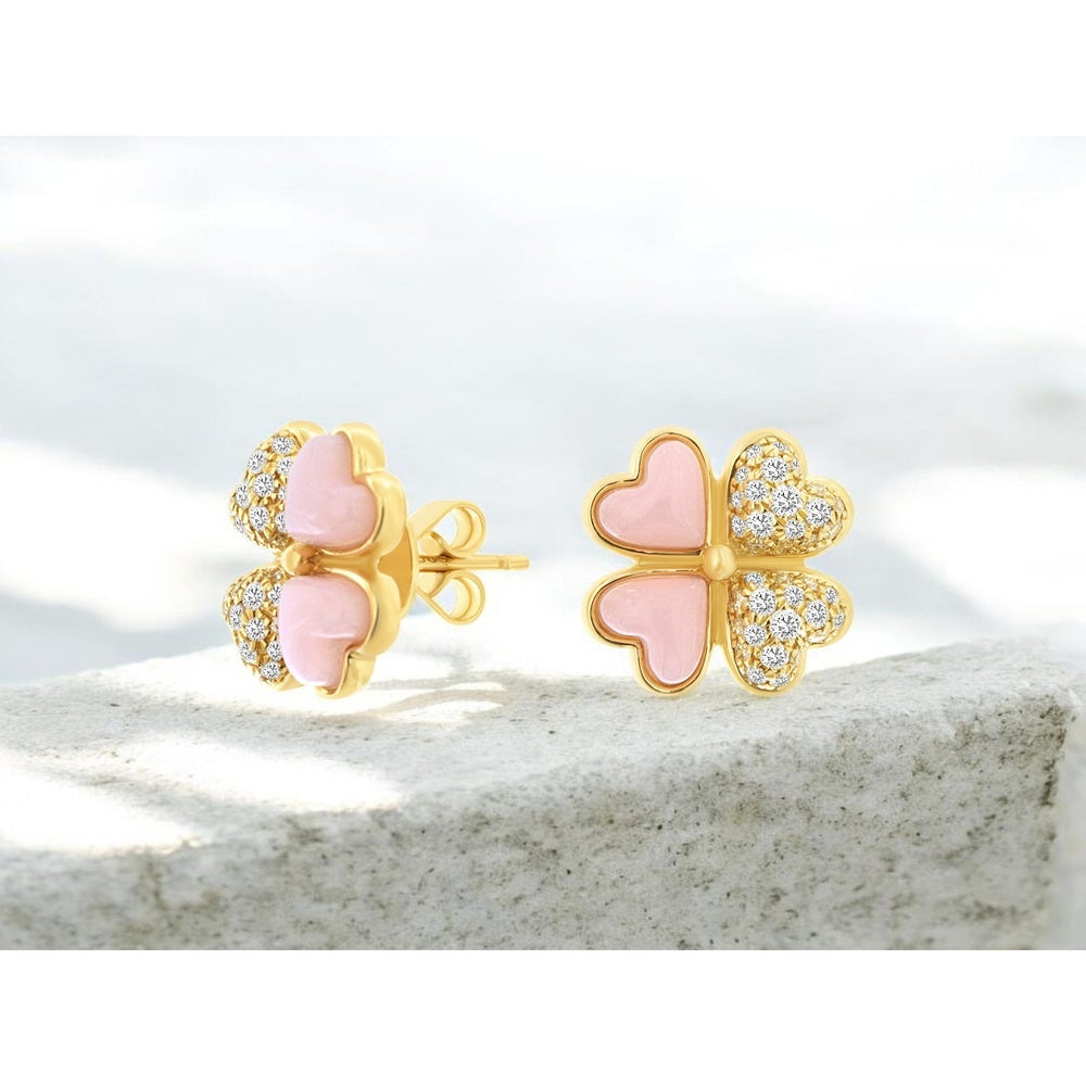 14K Yellow Gold Floral Stud Earrings with Pink Mother of Pearl Hearts and Pavé Set Round Diamonds - 0.45 Carat Total Diamond Weight - Royal Jewelry