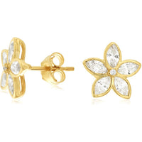 14K Yellow Gold Floral Stud Earrings with Prong-Set Marquise and Round Diamonds - 0.96 Carat Total Diamond Weight - Royal Jewelry