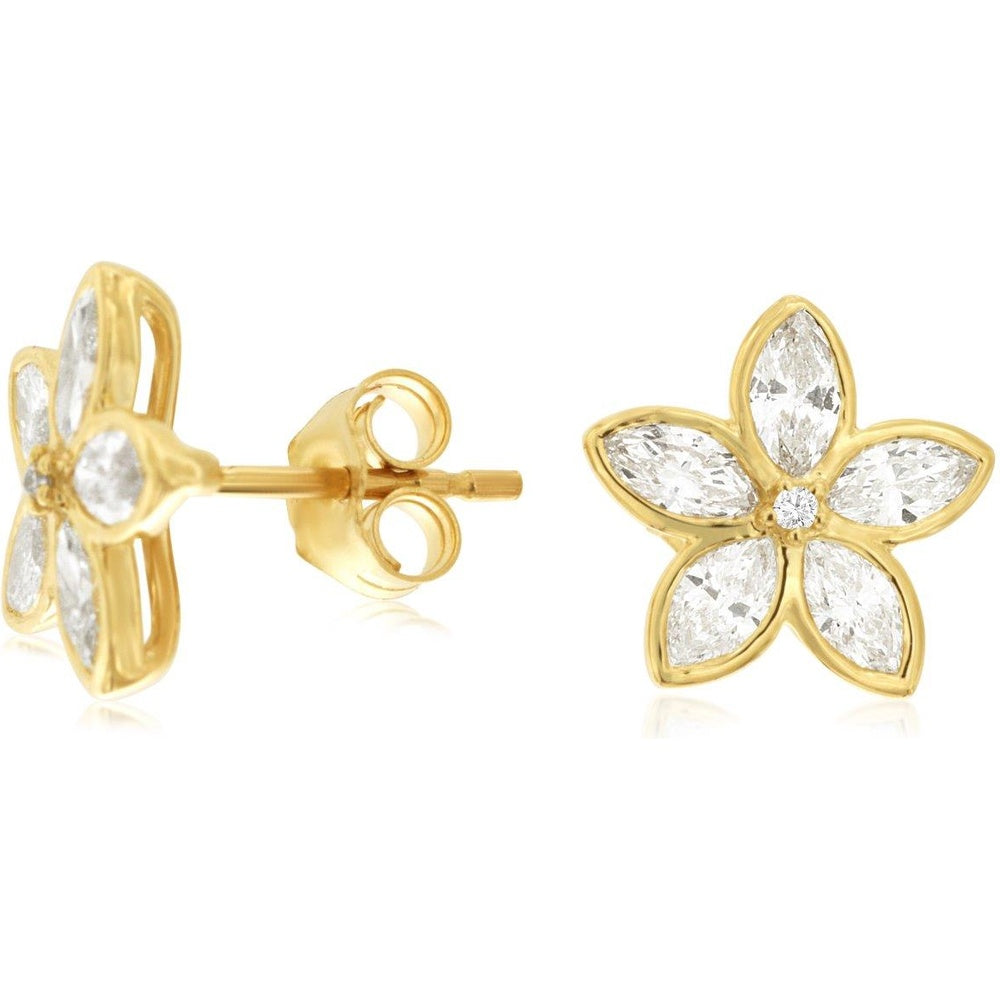 14K Yellow Gold Floral Stud Earrings with Prong-Set Marquise and Round Diamonds - 0.96 Carat Total Diamond Weight - Royal Jewelry