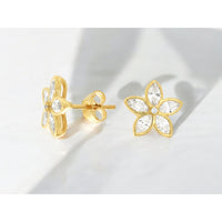 14K Yellow Gold Floral Stud Earrings with Prong-Set Marquise and Round Diamonds - 0.96 Carat Total Diamond Weight - Royal Jewelry