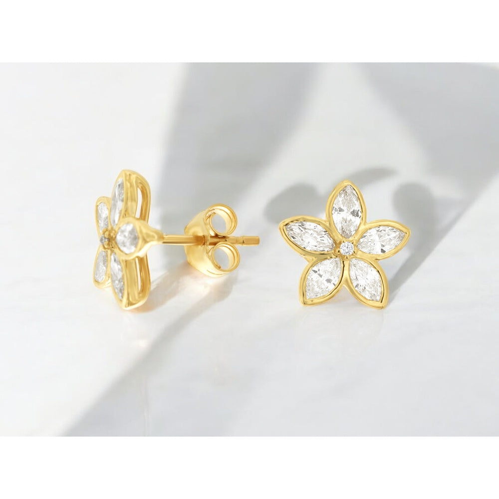 14K Yellow Gold Floral Stud Earrings with Prong-Set Marquise and Round Diamonds - 0.96 Carat Total Diamond Weight - Royal Jewelry