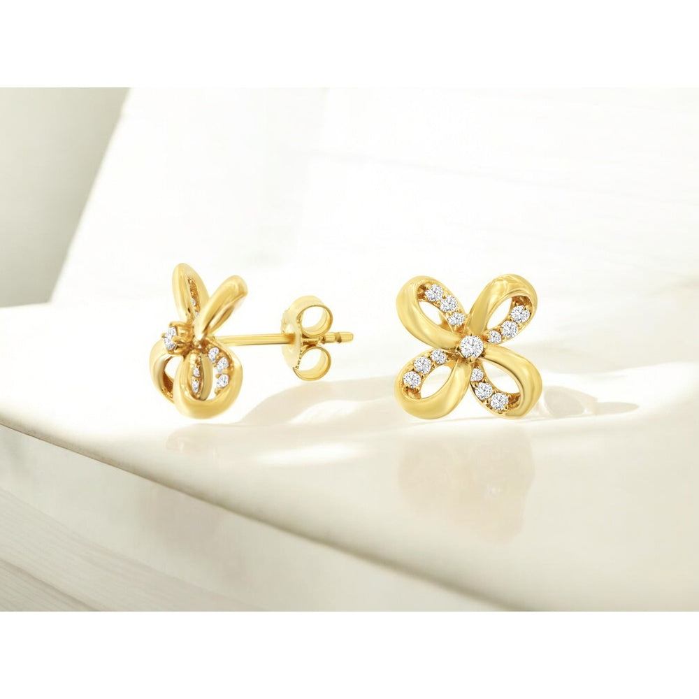 14K Yellow Gold Floral Stud Earrings with Prong-Set Round Center Diamonds and Channel-Set Accent Diamonds - 0.20 Carat Total Diamond Weight - Royal Jewelry
