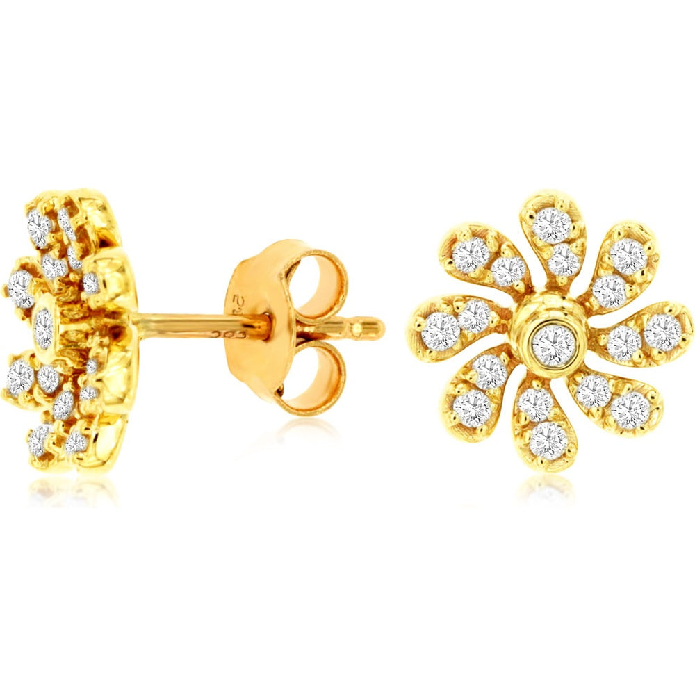 14K Yellow Gold Floral Stud Earrings with Prong Set Round Diamonds and Milgrain Detail - 0.37 Carat Total Diamond Weight - Royal Jewelry