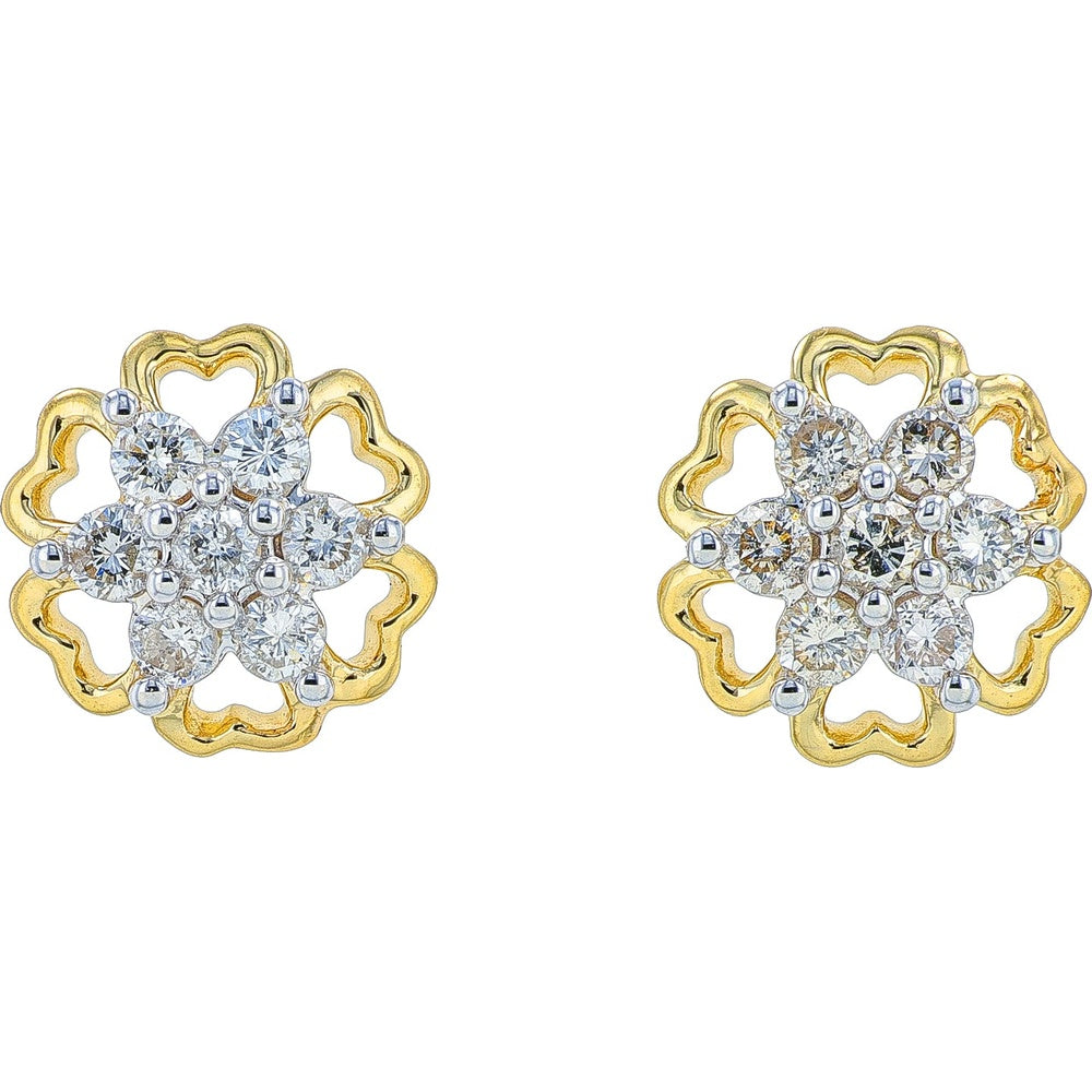 14K Yellow Gold Floral Stud Earrings with Round Brilliant Cut Diamond Clusters - 0.33 Carat Total Diamond Weight