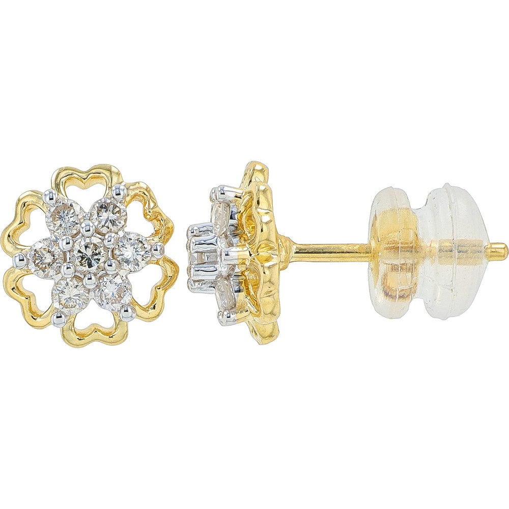14K Yellow Gold Floral Stud Earrings with Round Brilliant Cut Diamond Clusters - 0.33 Carat Total Diamond Weight