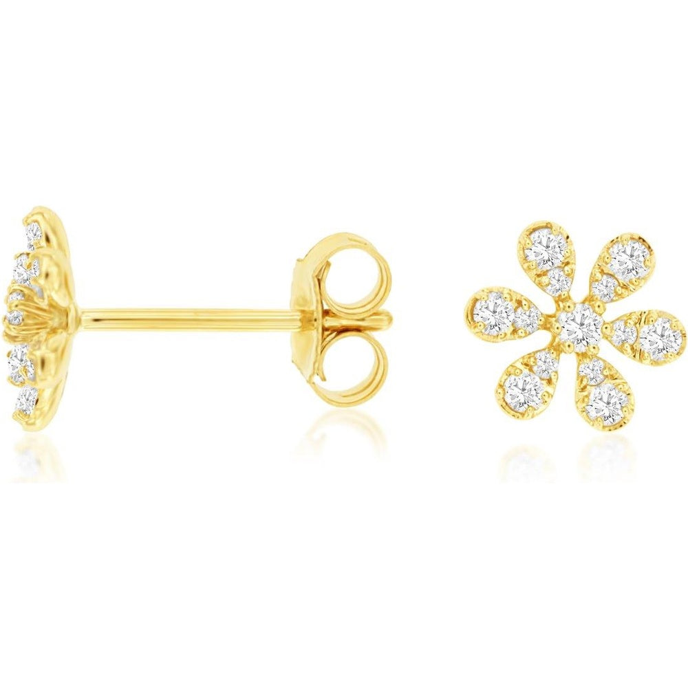 14K Yellow Gold Floral Stud Earrings with Round Brilliant Cut Diamonds - 0.24 Carat Total Diamond Weight - Royal Jewelry