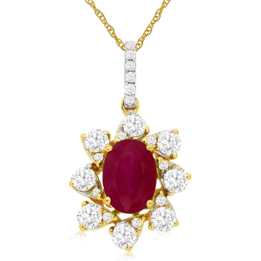 14K Yellow Gold Floral Sunburst Pendant with Oval Ruby and Round Diamond Halo - 0.90 Carat Ruby and 0.47 Carat Total Diamond Weight - Royal Jewelry