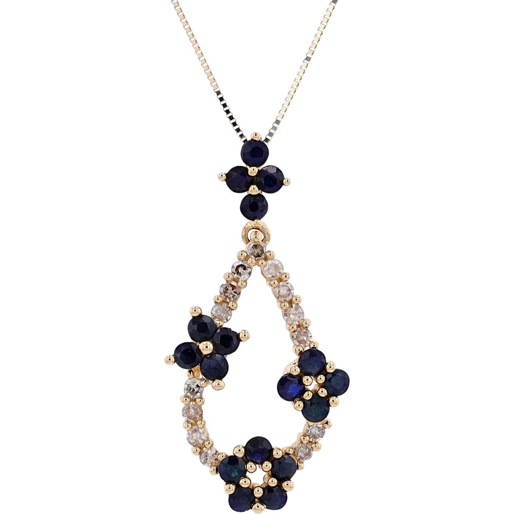 14K Yellow Gold Floral Teardrop Pendant with Round Sapphires and Diamond Accents - 1.00 Carat Sapphire and 0.25 Carat Diamond Total Weight