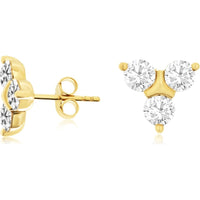 14K Yellow Gold Floral Three-Stone Stud Earrings with Round Lab-Grown Diamonds - 2.00 Carat Total Diamond Weight - Royal Jewelry