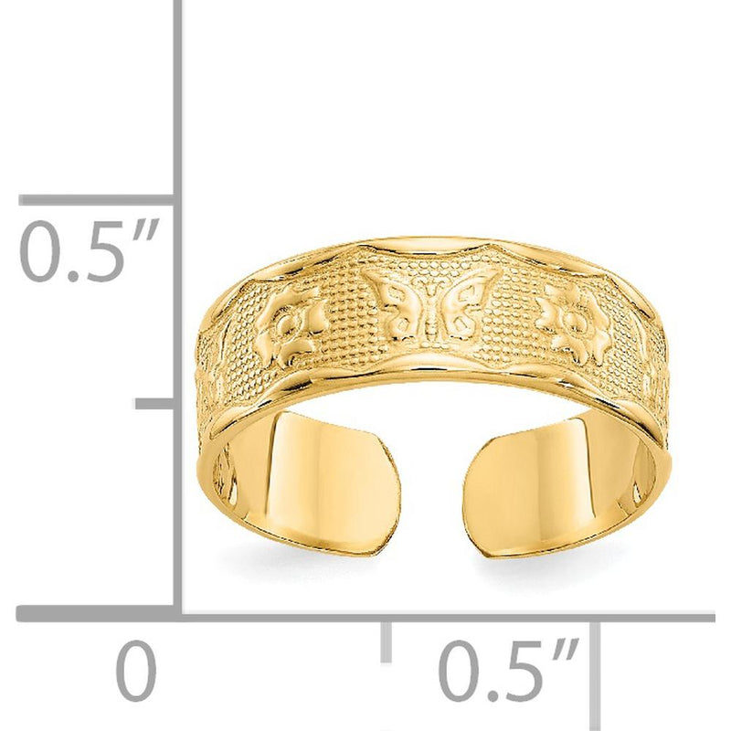 14K Yellow Gold Flower & Butterfly Toe Ring - 5mm Band Width by 0