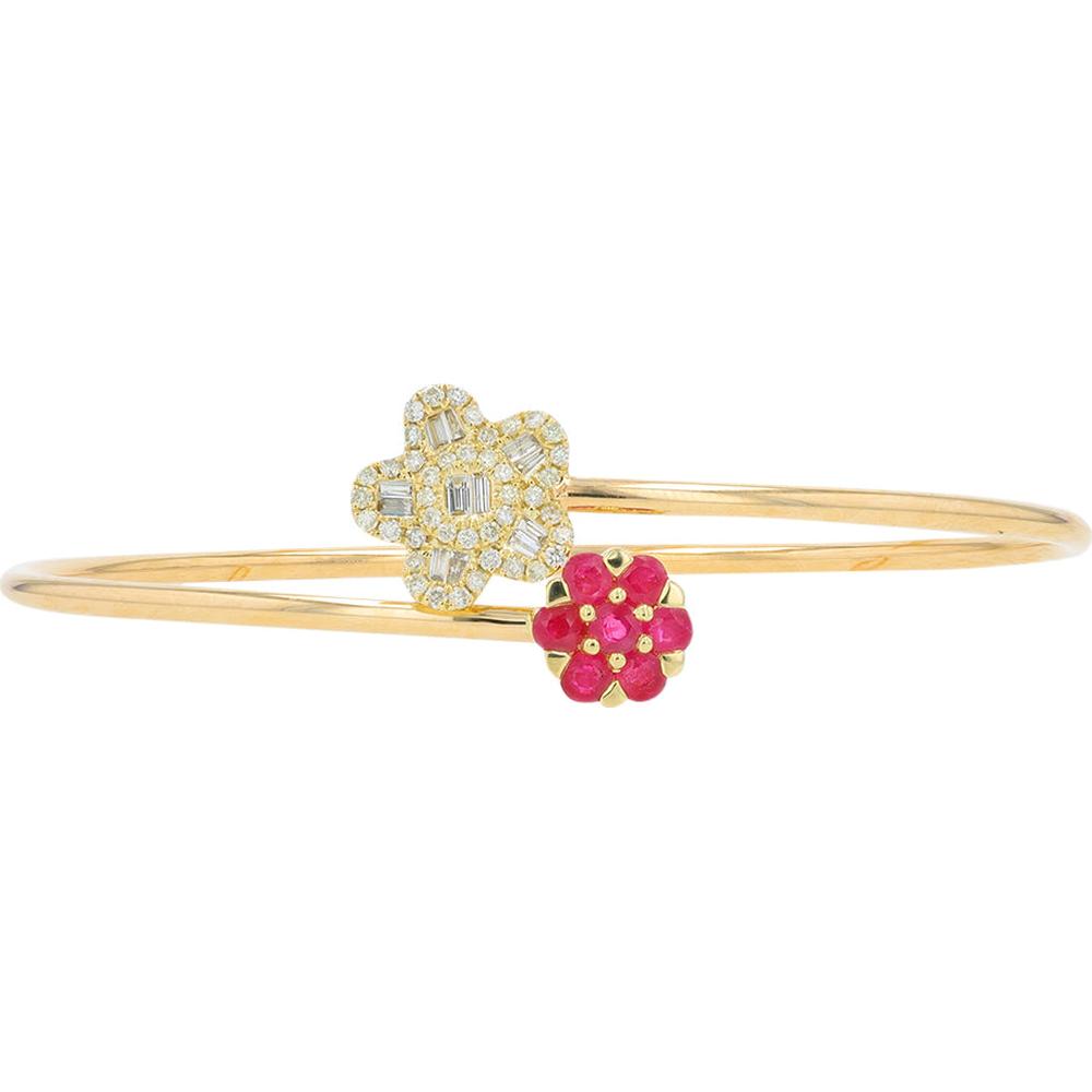 14K Yellow Gold Flower Bypass Bangle with Ruby and Diamond Accents - 0.65 - 0.75 Carat Ruby, 0.45 - 0.50 Carat Diamond