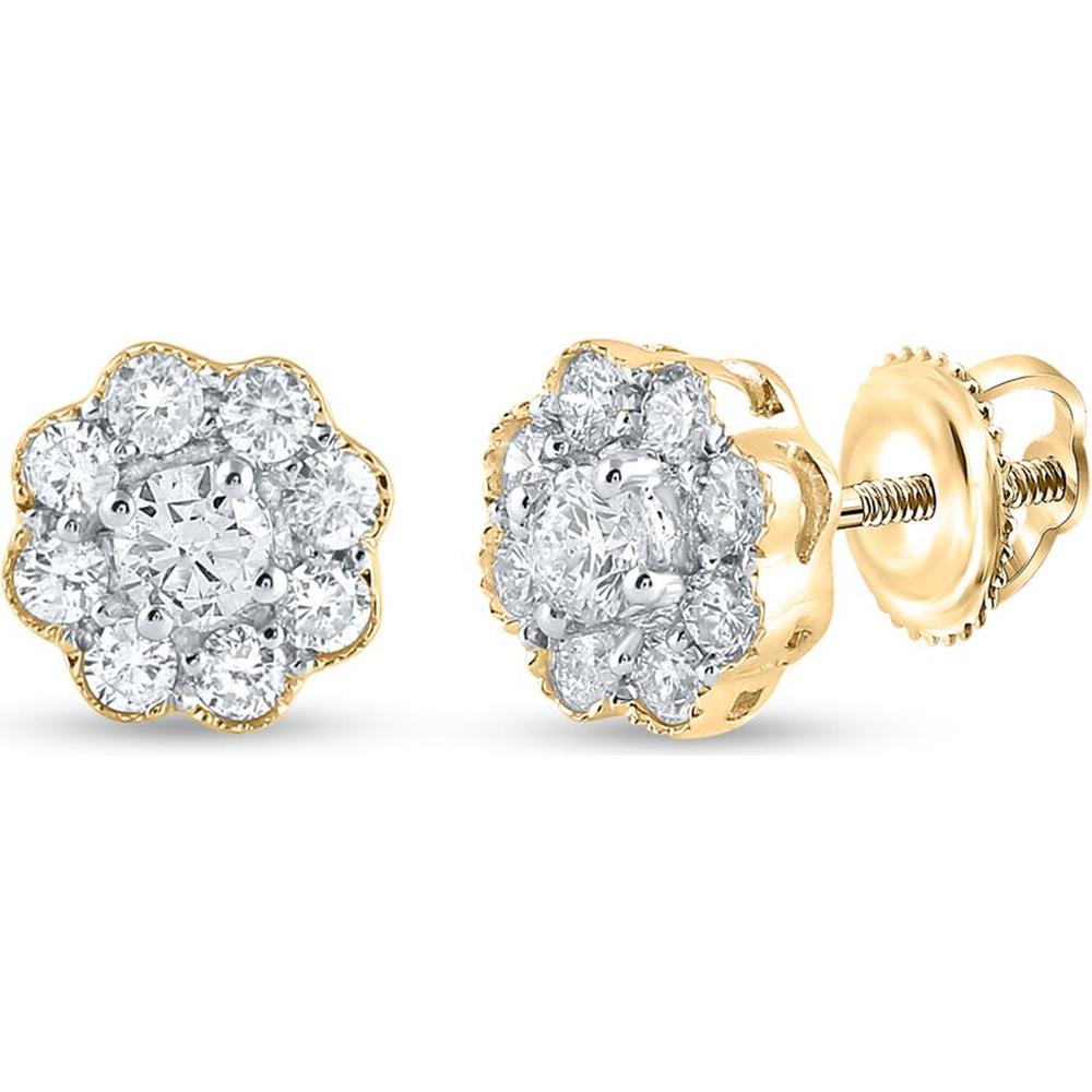 14K Yellow Gold Flower Cluster Stud Earrings with Prong-Set Round Diamonds - 0.50 Carat Total Diamond Weight